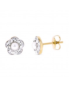 9K PENDIENTES ORO AMARILLO FLOR CIRCONITA PERLA 3 MM ANCHO TOTAL 6 MM PRESION