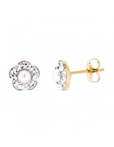 9K PENDIENTES ORO AMARILLO FLOR CIRCONITA PERLA 3 MM ANCHO TOTAL 6 MM PRESION