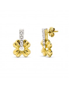 9K PENDIENTES ORO BICOLOR FLOR CON CIRCONITAS EN CARRIL. CIERRE PRESION