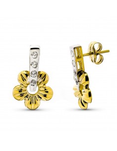 9K PENDIENTES ORO BICOLOR FLOR BANDA CIRCONITA. MEDIDA: 15 X 10 MM. CIERRE PRESION