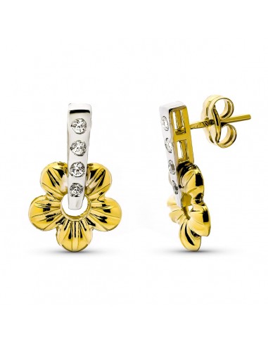 9K PENDIENTES ORO BICOLOR FLOR BANDA CIRCONITA. MEDIDA: 15 X 10 MM. CIERRE PRESION