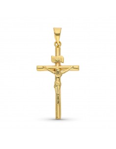 9K COLGANTE CRUZ CON CRISTO ESTAMPADO. MEDIDA: 24 X 14 MM. TUBO 2 MM