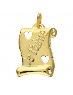 9K PERGAMINO ORO AMARILLO CORAZONES CALADOS "JE T´AIME" 17X14 MM
