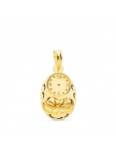 9K MEDALLA ORO AMARILLO OVAL NIÑO DE LA HORA CON RELOJ TALLADA 19X12 MM