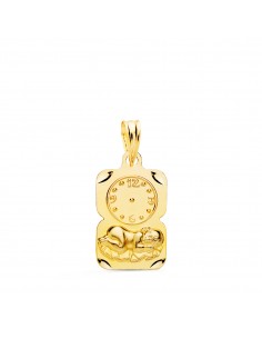 9K MEDALLA ORO AMARILLO RECTANGULO NIÑO DE LA HORA CON RELOJ TALLADA 19X11 MM