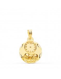 9k MEDALLA ORO AMARILLO REDONDA NIÑO DE LA HORA CON RELOJ TALLADA 15 MM