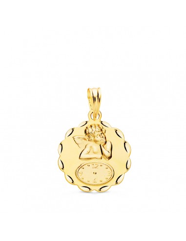 9K MEDALLA ORO AMARILLO REDONDA ANGELITO BURLON CON RELOJ TALLADA 16 MM