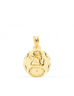 9K MEDALLA ORO AMARILLO REDONDA ANGELITO BURLON CON RELOJ TALLADA 15 MM