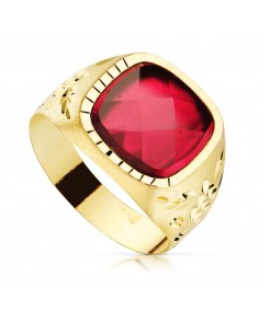 9K SELLO ORO AMARILLO HUECO PIEDRA ROJA LATERAL TALLADO. ANCHO: 14 MM