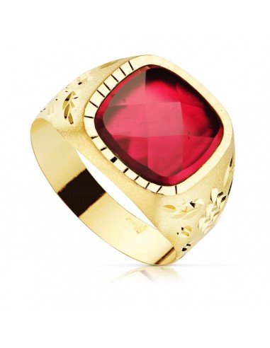 9K SELLO ORO AMARILLO HUECO PIEDRA ROJA LATERAL TALLADO. ANCHO: 14 MM