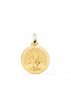 9K MEDALLA ORO AMARILLO ARBOL DE LA VIDA MATIZADA 18 MM