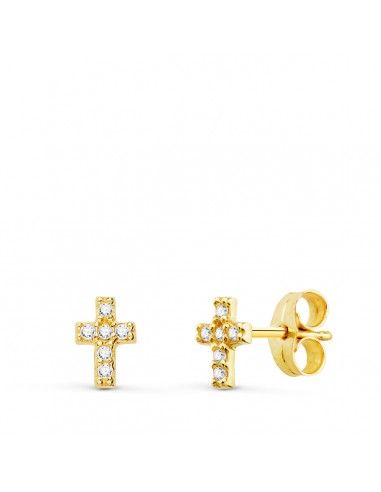 9K PENDIENTES ORO AMARILLO CRUZ DIAMANTES 0.06 CTS SI-H 6X4 MM PRESION