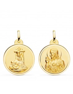9K MEDALLA ORO AMARILLO ESCAPULARIO VIRGEN DE LAS ANGUSTIAS Y CORAZON DE JESUS BISEL 22 MM