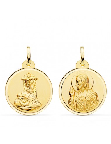 9K MEDALLA ORO AMARILLO ESCAPULARIO VIRGEN DE LAS ANGUSTIAS Y CORAZON DE JESUS BISEL 22 MM