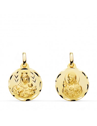 9K ESCAPULARIO ORO AMARILLO TALLADO VIRGEN DEL CARMEN CORAZON DE JESUS 16 MM