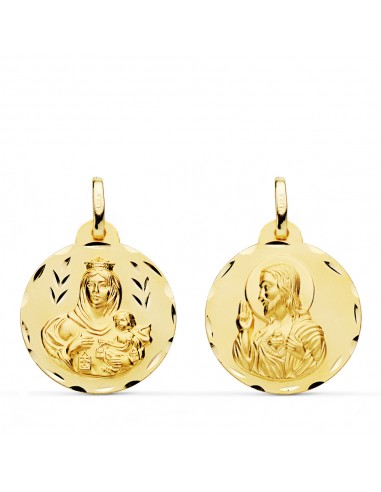 9K ESCAPULARIO ORO AMARILLO TALLADO VIRGEN DEL CARMEN Y CORAZON DE JESUS 20 MM