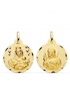 9K ESCAPULARIO ORO AMARILLO TALLADO VIRGEN DEL CARMEN Y CORAZON DE JESUS 22 MM