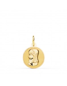 9K MEDALLA ORO AMARILLO REDONDA VIRGEN NIÑA EN BRILLO 14 MM