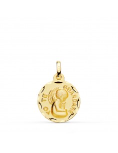 9K MEDALLA ORO AMARILLO TALLADA ANGEL " YO TE GUARDARE " 16 MM