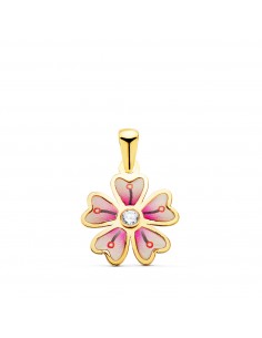 18K COLGANTE ORO AMARILLO FLOR 5 PETALOS CON ESMALTE COLOR Y CIRCONITA.  13 X 11 MM