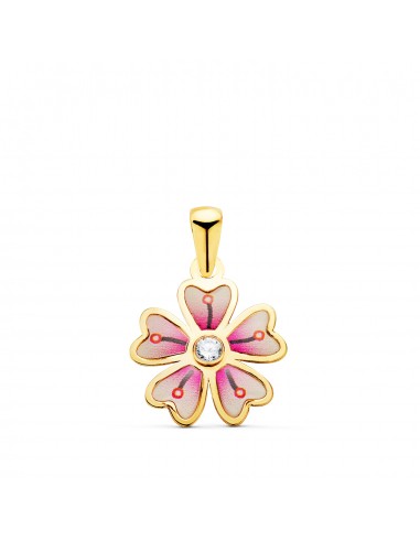 18K COLGANTE ORO AMARILLO FLOR 5 PETALOS CON ESMALTE COLOR Y CIRCONITA.  13 X 11 MM