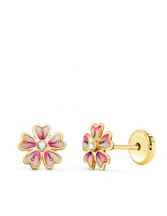 18K PENDIENTES ORO AMARILLO FLOR ROSA CON CIRCONITA. MEDIDA: 6 X 6MM. CIERRE TUERCA