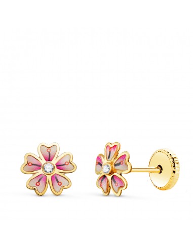18K PENDIENTES ORO AMARILLO FLOR ROSA CON CIRCONITA. MEDIDA: 6 X 6MM. CIERRE TUERCA
