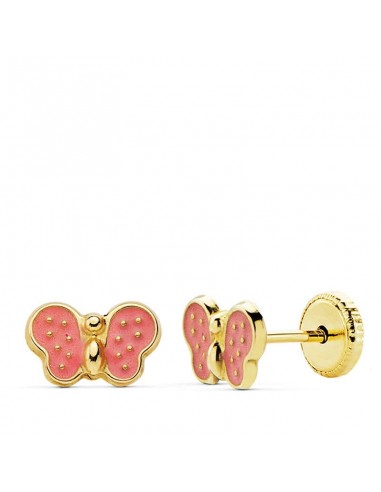18K PENDIENTES MARIPOSA ESMALTE ROSA 7 X 5MM CIERRE TUERCA
