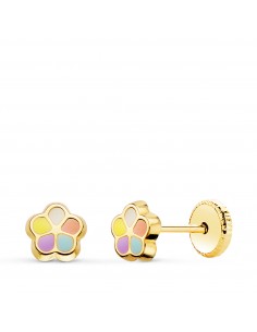 18K PENDIENTES FLOR ESMALTE 5MM CIERRE TUERCA