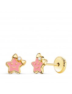 18K PENDIENTES ORO AMARILLO ESTRELLA ESMALTE ROSA 6 5 X 6 5 MM CIERRE TUERCA
