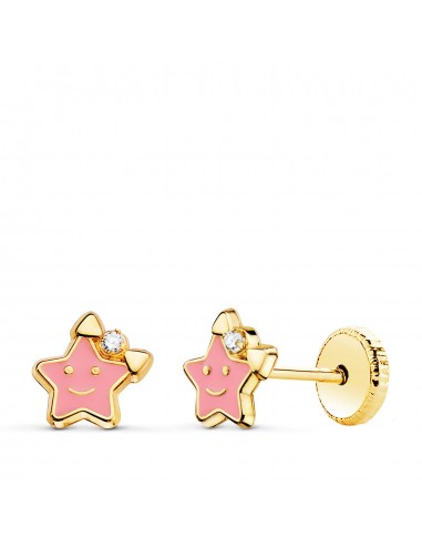 18K PENDIENTES ORO AMARILLO ESTRELLA ESMALTE ROSA 6 5 X 6 5 MM CIERRE TUERCA