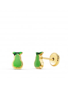 18K PENDIENTES ORO AMARILLO PERA ESMALTE VERDE 6 X 4 MM. CIERRE TUERCA