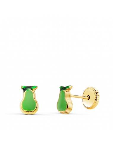 18K PENDIENTES ORO AMARILLO PERA ESMALTE VERDE 6 X 4 MM. CIERRE TUERCA