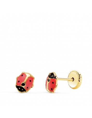 18K PENDIENTES ORO AMARILLO MARIQUITA ESMALTE ROSA 5 X 4 5 MM. CIERRE TUERCA
