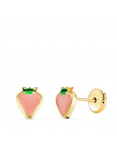 18K PENDIENTES ORO AMARILLO FRESA ESMALTE ROSA 6 X 5 MM. CIERRE TUERCA