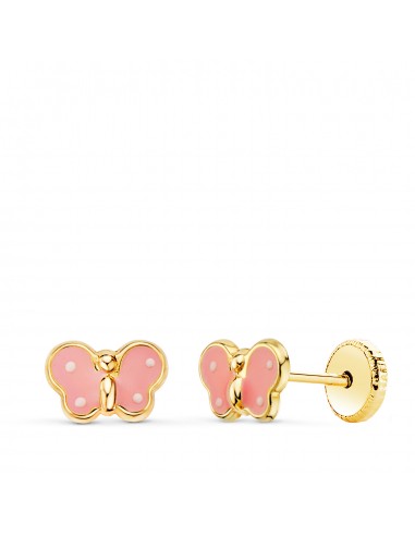 18K PENDIENTES ORO AMARILLO MARIPOSA ESMALTE ROSA 7 X 4 5 MM. CIERRE TUERCA