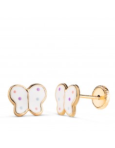 18K PENDIENTES ORO AMARILLO MARIPOSAS ESMALTE BLANCO. MEDIDA: 8 X 6 5 MM.CIERRE TUERCA