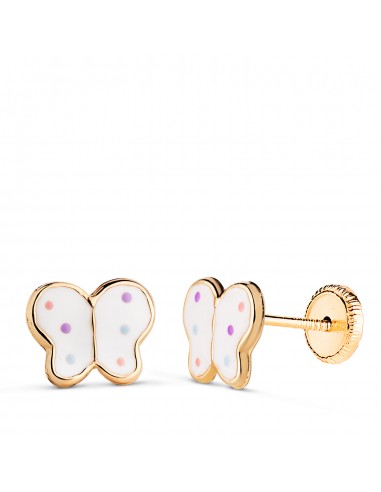 18K PENDIENTES ORO AMARILLO MARIPOSAS ESMALTE BLANCO. MEDIDA: 8 X 6 5 MM.CIERRE TUERCA