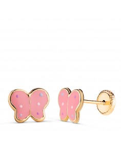 18K PENDIENTES ORO AMARILLO MARIPOSAS ESMALTE ROSA. MEDIDA: 8 X 6 5 MM. CIERRE TUERCA