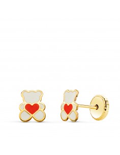 18K PENDIENTES ORO AMARILLO OSO ESMALTE BLANCO Y CORAZON. 6 X 4.5 MM. CIERRE TUERCA