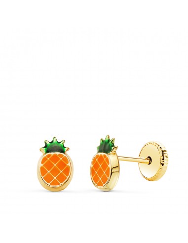 18K PENDIENTES ORO AMARILLO PIÑA ESMALTE NARANJA 6 5 X 4 MM. CIERRE TUERCA