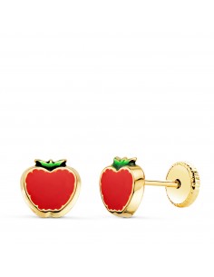 18K PENDIENTES ORO AMARILLO MANZANA ESMALTE  ROJO. 6 X 6 MM. CIERRE TUERCA