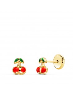 18K PENDIENTES ORO AMARILLO CEREZAS ESMALTE 5X4 MM. CIERRE TUERCA