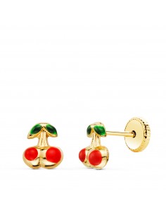 18K PENDIENTES ORO AMARILLO CEREZAS ESMALTE 6X5 MM. CIERRE TUERCA