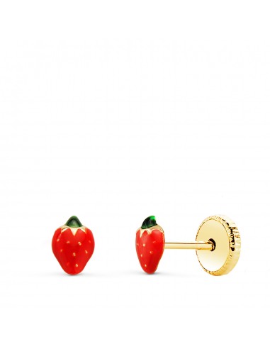 18K PENDIENTES ORO AMARILLO FRESAS MINIS ESMALTE 5 5X4 MM. CIERRE TUERCA