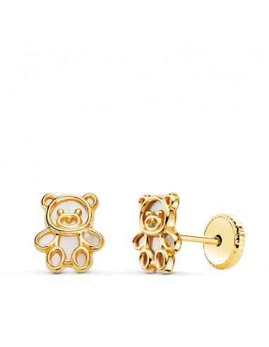 18K PENDIENTES ORO AMARILLO OSOS SILUETA INTERIOR NACAR 7 X 6 MM. CIERRE TUERCA