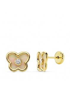 18K PENDIENTES ORO AMARILLO MARIPOSA CON NACAR 8X7 MM. CIERRE TUERCA