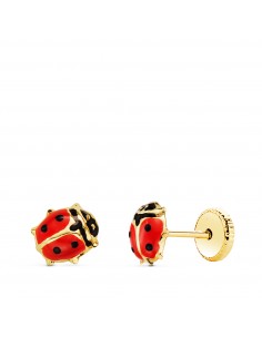 18K PENDIENTES ORO AMARILLO MARIQUITA ESMALTE 5 5X5 MM. CIERRE TUERCA
