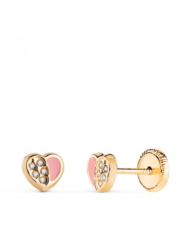 18K PENDIENTES ORO AMARILLO CORAZON ESMALTE ROSA Y CIRCONITAS 5 5X5 MM. CIERRE TUERCA