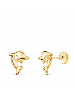 18K PENDIENTES ORO AMARILLO DELFIN CON  CIRCONITA  5.5 X 4 MM CIERRE TUERCA